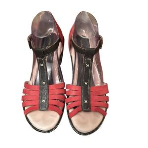 Jambu Red and Black Leather T-Strap Wedge Sandals Women's Size 10M Comfort Shoes